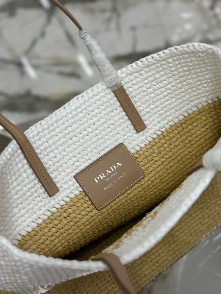 Prada Crochet Small Tote Bag in Beige/White Raffia-effect Yarn product view 2