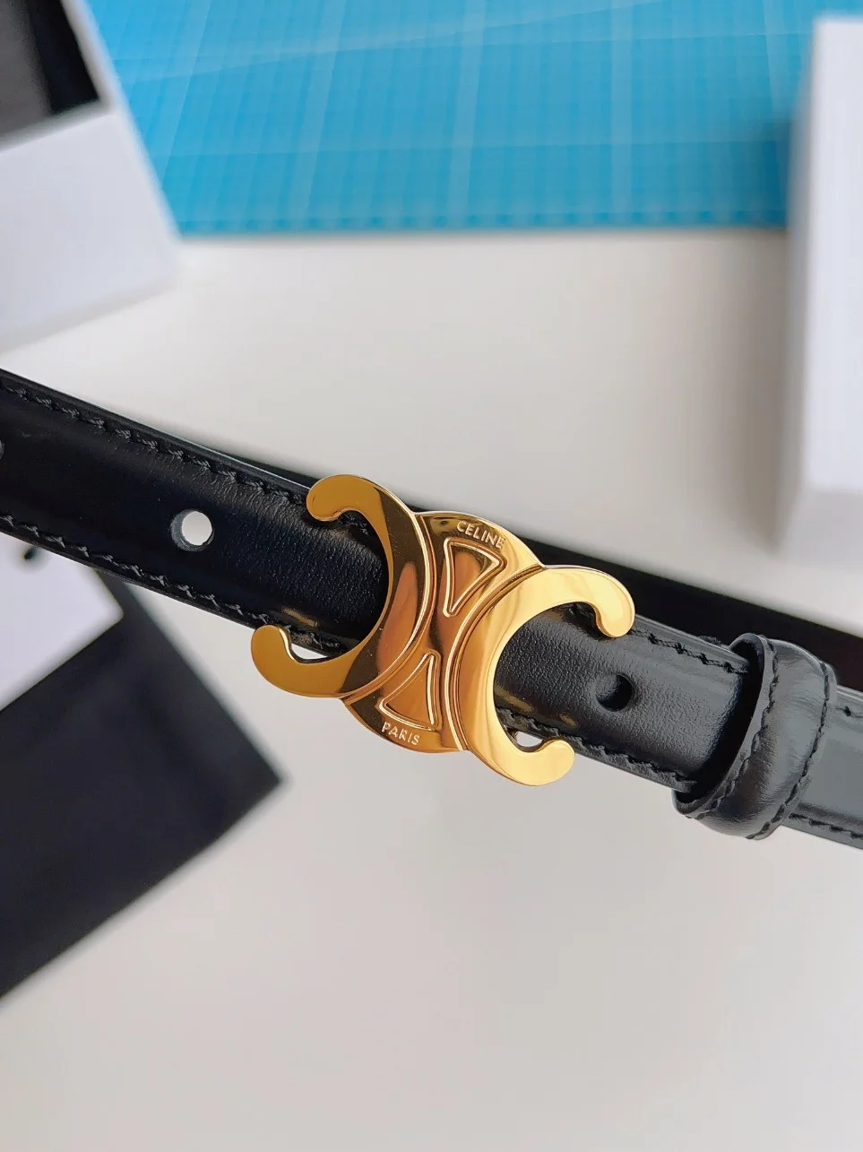 Celine Small Triomphe Belt 18MM in Black Calfskin product view 2