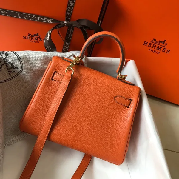 Hermes Kelly 20cm Bag In Orange Clemence Leather GHW product view 6