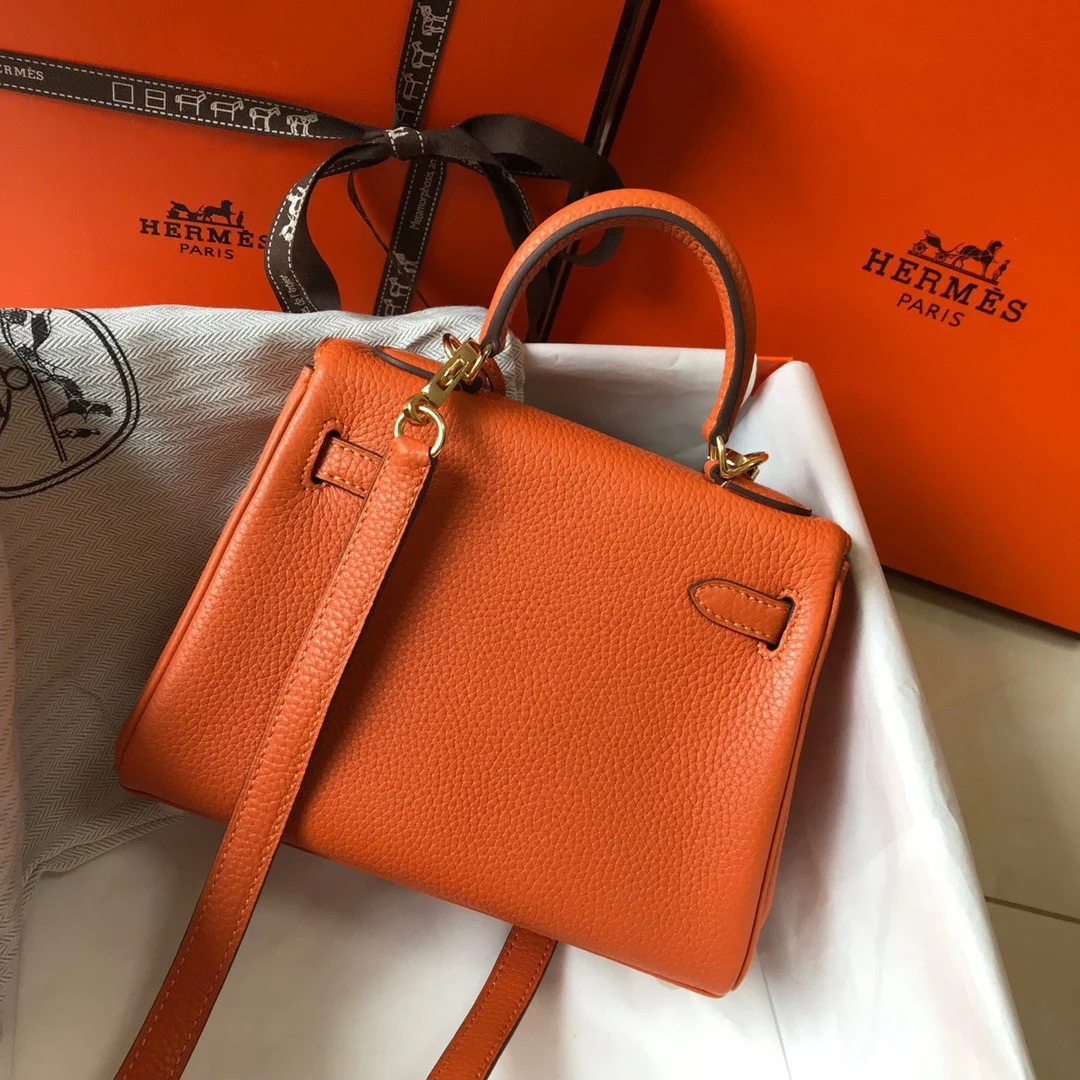 Hermes Kelly 20cm Bag In Orange Clemence Leather GHW product view 6