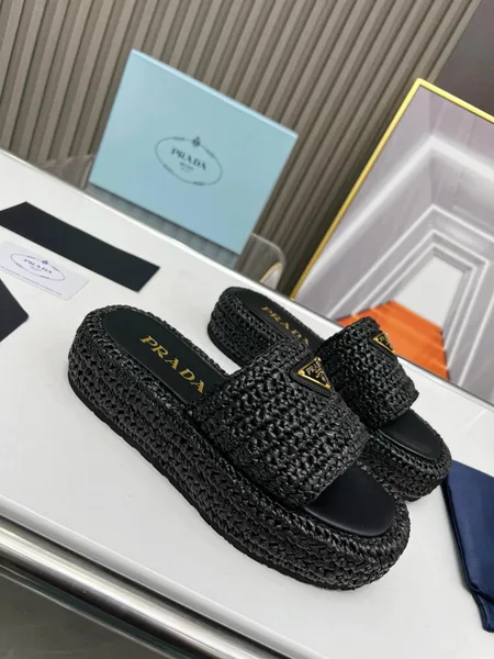 Prada Crochet Flatform Slides in Black Raffia-effect Yarn product view 3