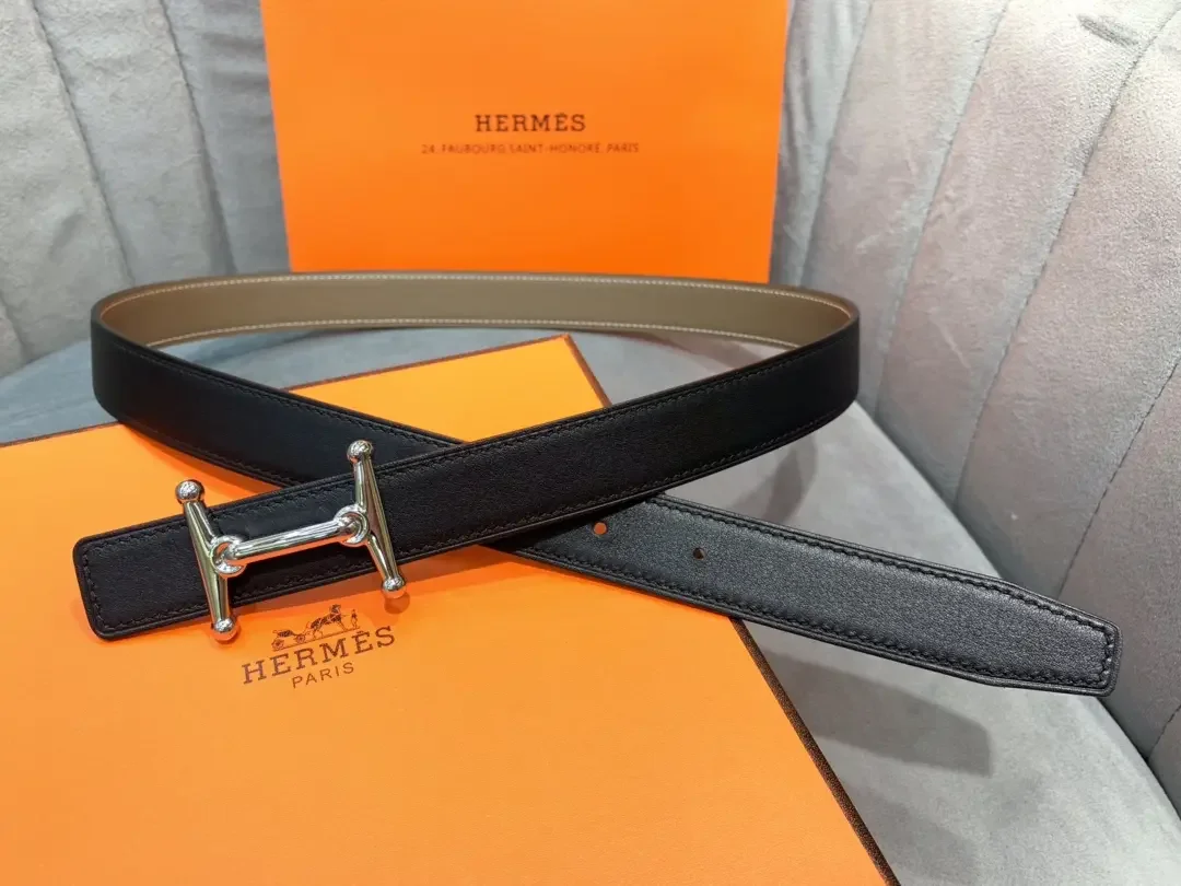 Hermès Taupe/Black Reversible Belt with Silver-Tone Stirrup-Style H Buckle product view 2