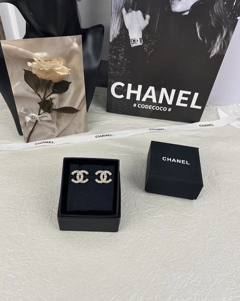 Chanel Pearl-Effect Pavé CC Stud Earrings Gold-Tone product view 3