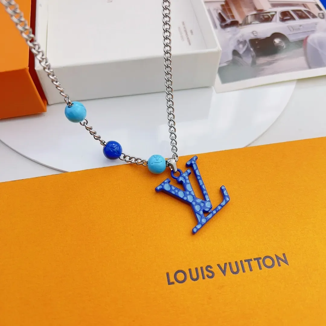 Louis Vuitton Dotted LV Monogram Bead Necklace Silver-Tone with Blue Beads product view 1