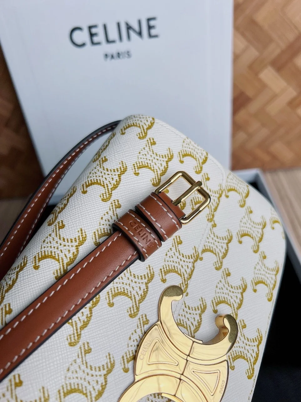 Celine Claude Shoulder Bag in White Triomphe Canvas product view 2