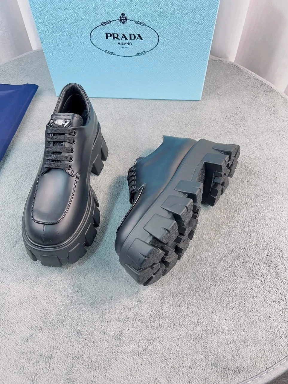Prada Monolith Lace-up Shoes in Black Brushed Leather product view 8