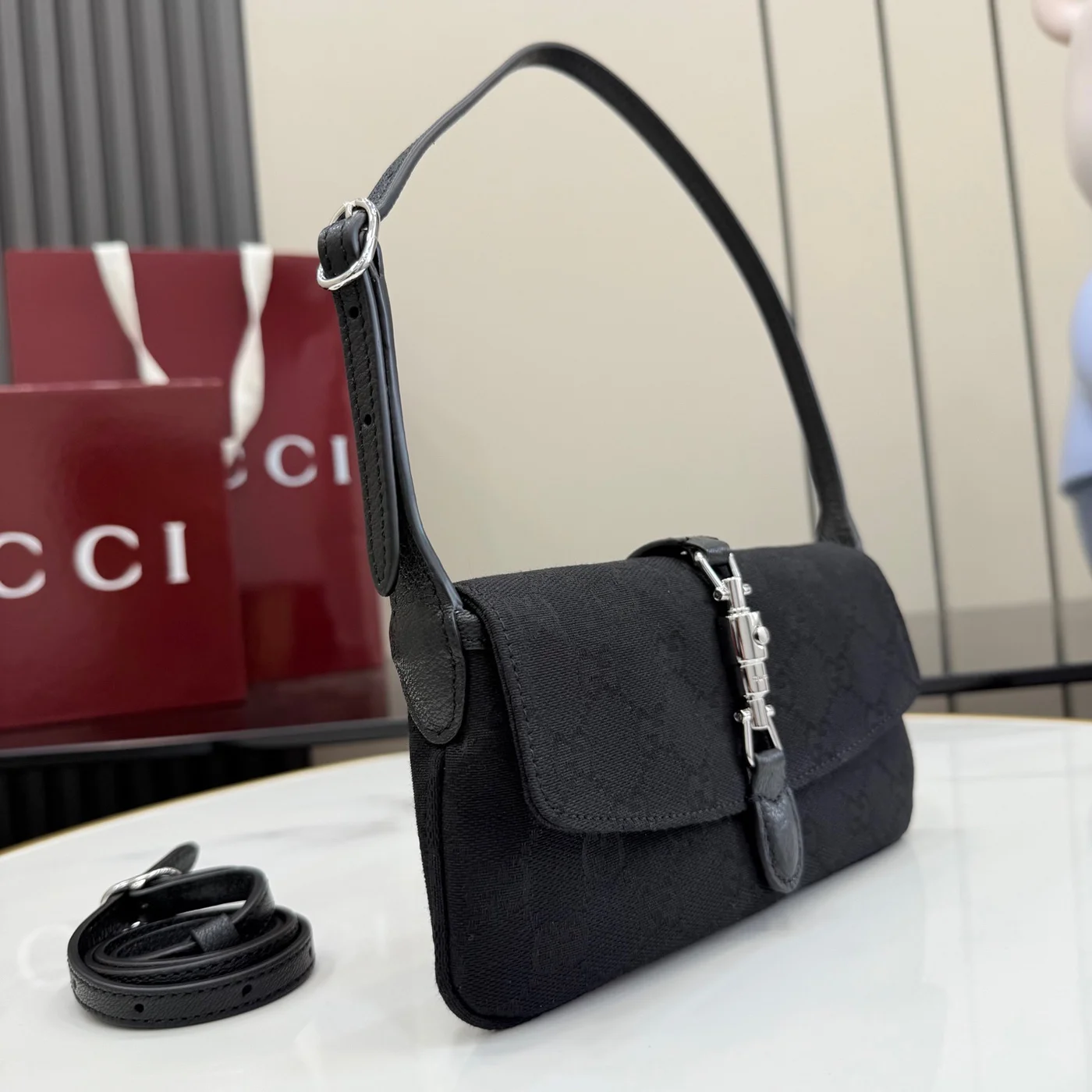 Gucci Jackie Small Shoulder Bag — Black Jacquard with Silver-Tone Hardware product view 2