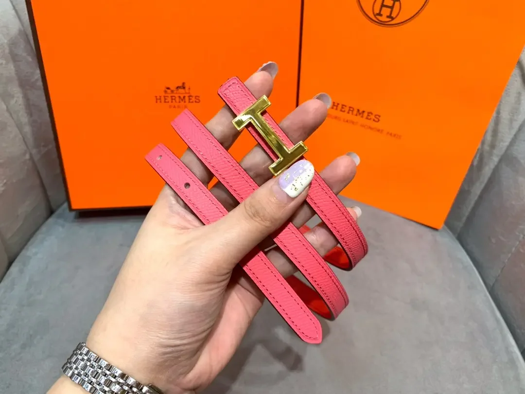 Hermès Bright Pink/Red Reversible Belt with Gold-Tone Slim H Buckle product view 6