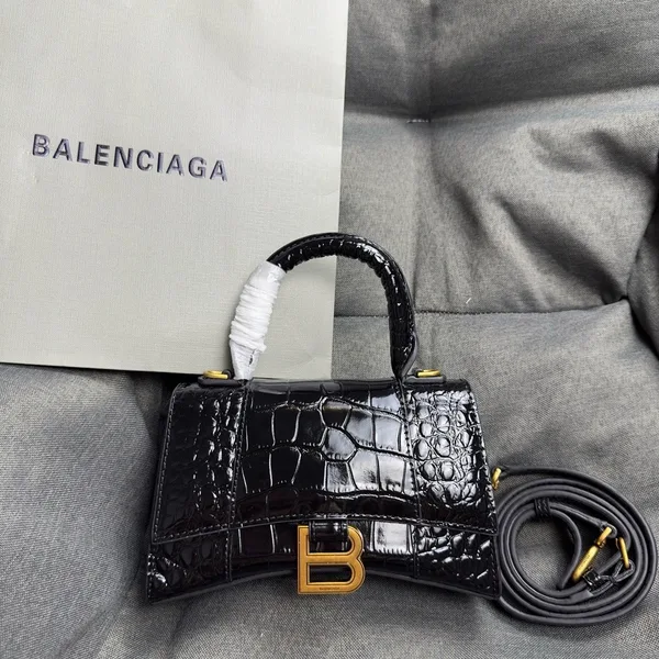 Balenciaga Hourglass XS Bag in Black Croc-Embossed Calfskin product view 3