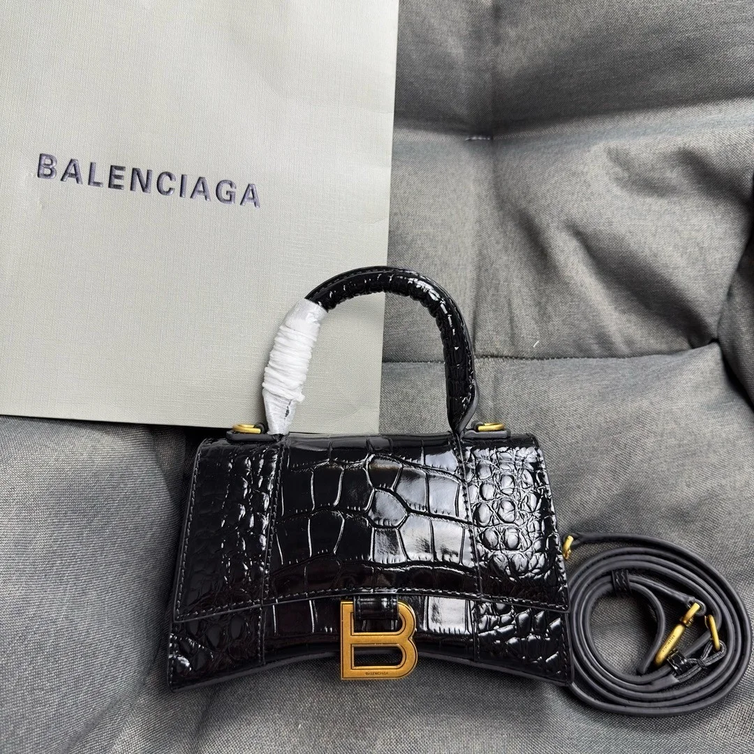 Balenciaga Hourglass XS Bag in Black Croc-Embossed Calfskin product view 3