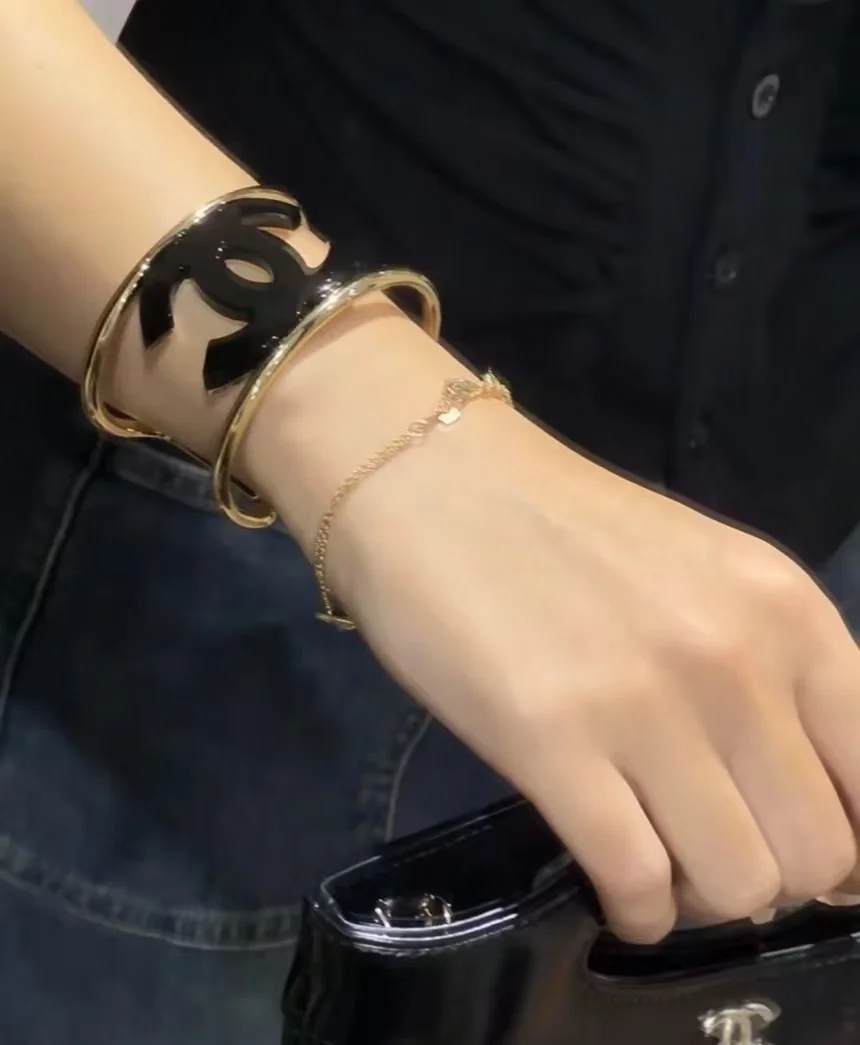 Chanel Wide Enamel CC Open Cuff Black and Gold-Tone product view 1