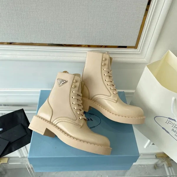 Prada Ankle Boots in Beige Brushed Leather and Re-Nylon product view 2