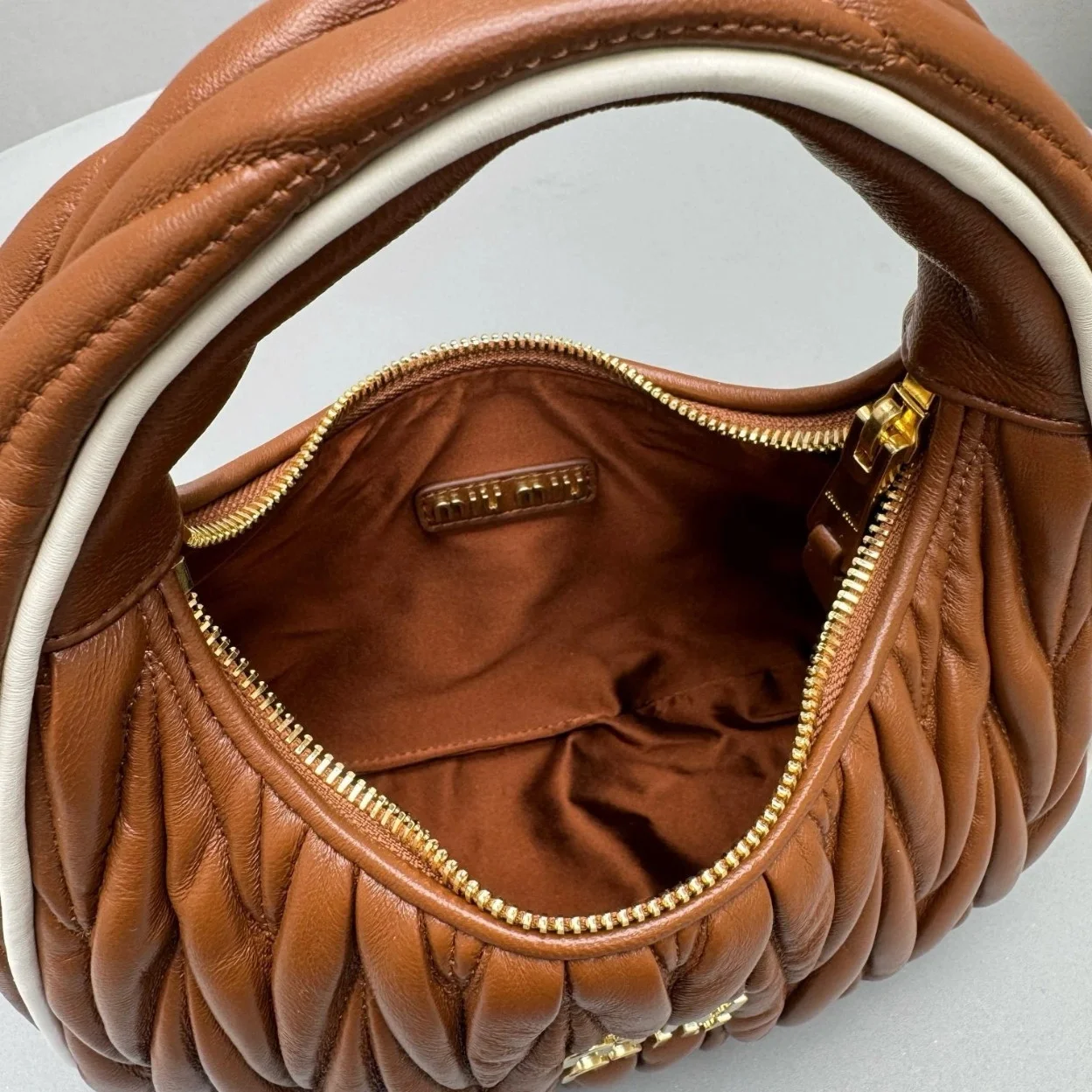 Miu Miu Wander Hobo Bag in Cognac Matelasse Nappa Leather product view 6