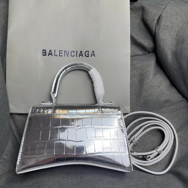 Balenciaga Hourglass XS Bag in Silver Croc-Embossed Calfskin product view 10
