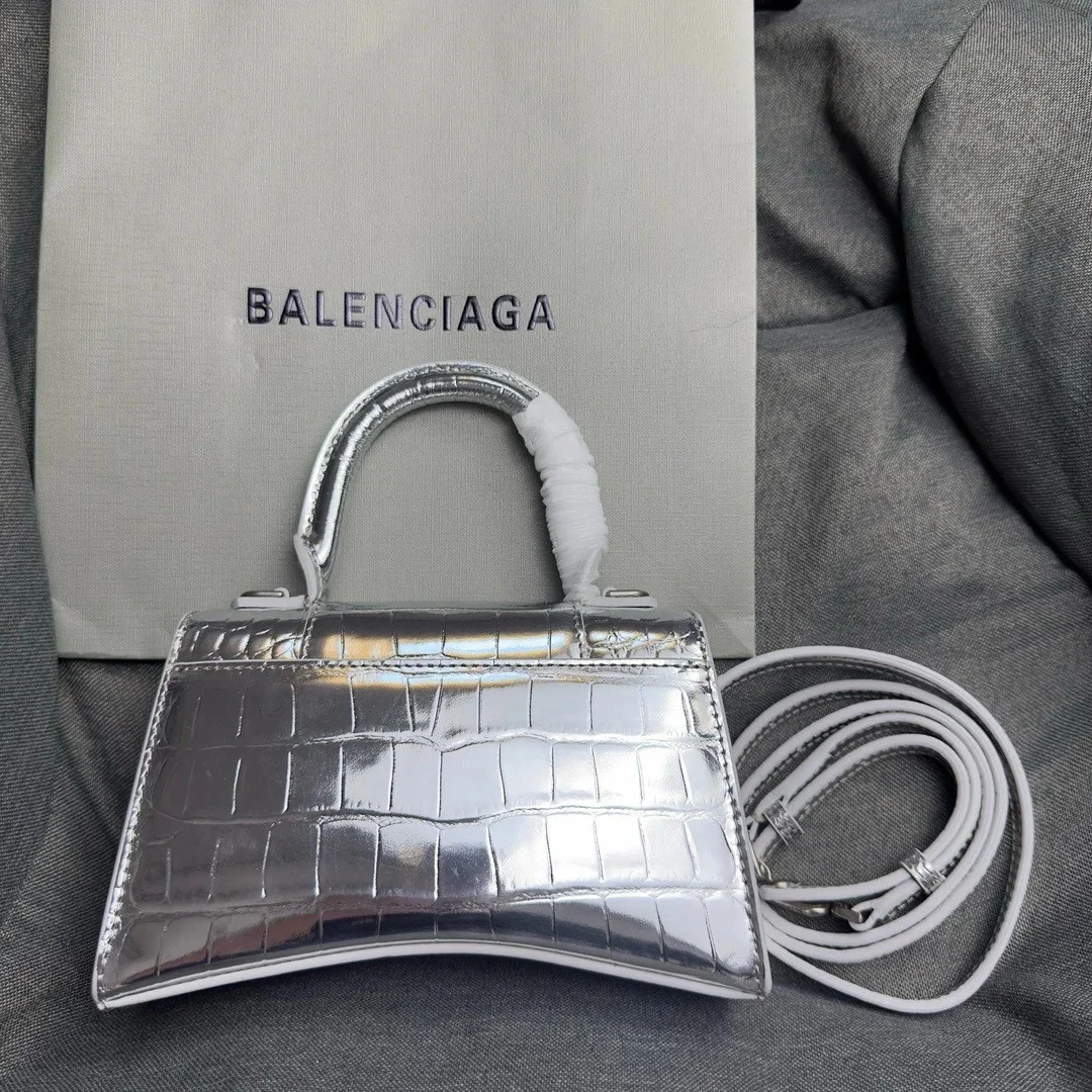 Balenciaga Hourglass XS Bag in Silver Croc-Embossed Calfskin product view 10