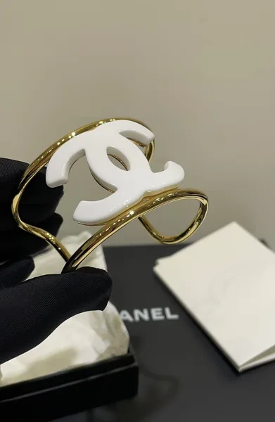 Chanel Wide Enamel CC Open Cuff White and Gold-Tone product photo