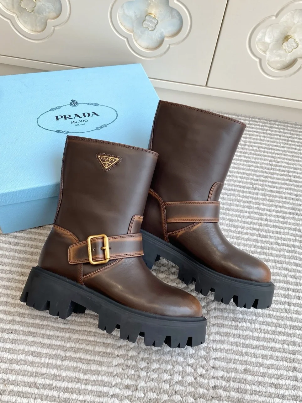 Prada Biker Boots in Dark Brown Calfskin product view 10
