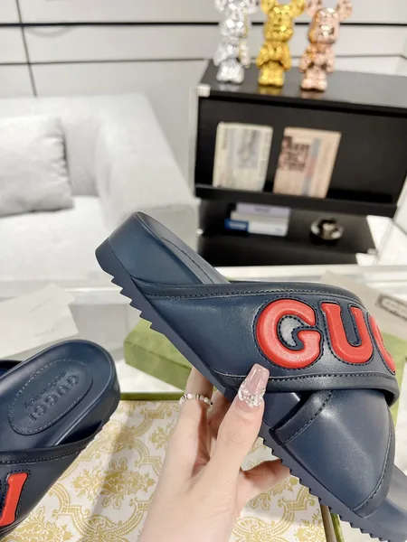Gucci Cross-Strap Slide Sandals — Navy Blue with Red Logo product view 8