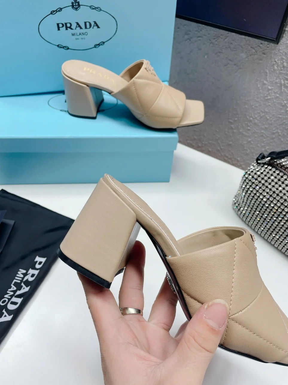 Prada Heeled Slide Sandals 65mm In Beige Nappa Leather product view 3