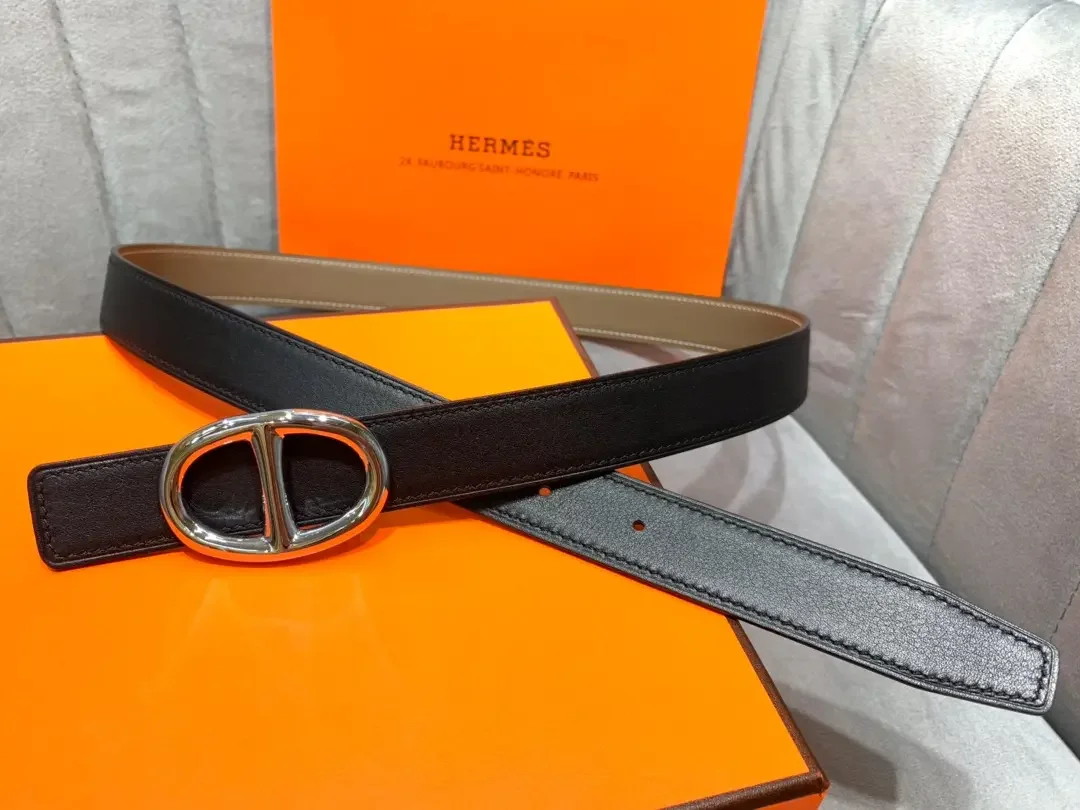 Hermès Taupe/Black Reversible Belt with Silver-Tone Oval Buckle product view 1