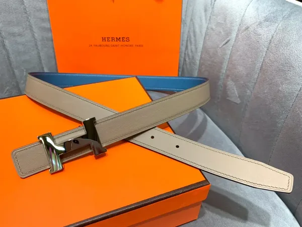 Hermès Blue/Taupe Reversible Belt with Silver-Tone Wide H Buckle product photo