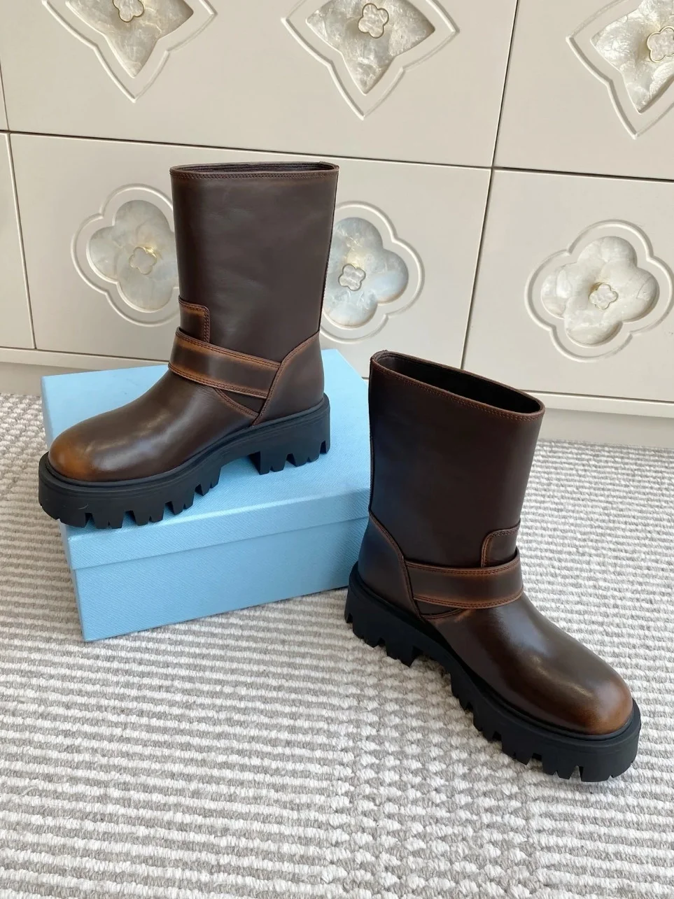 Prada Biker Boots in Dark Brown Calfskin product view 5