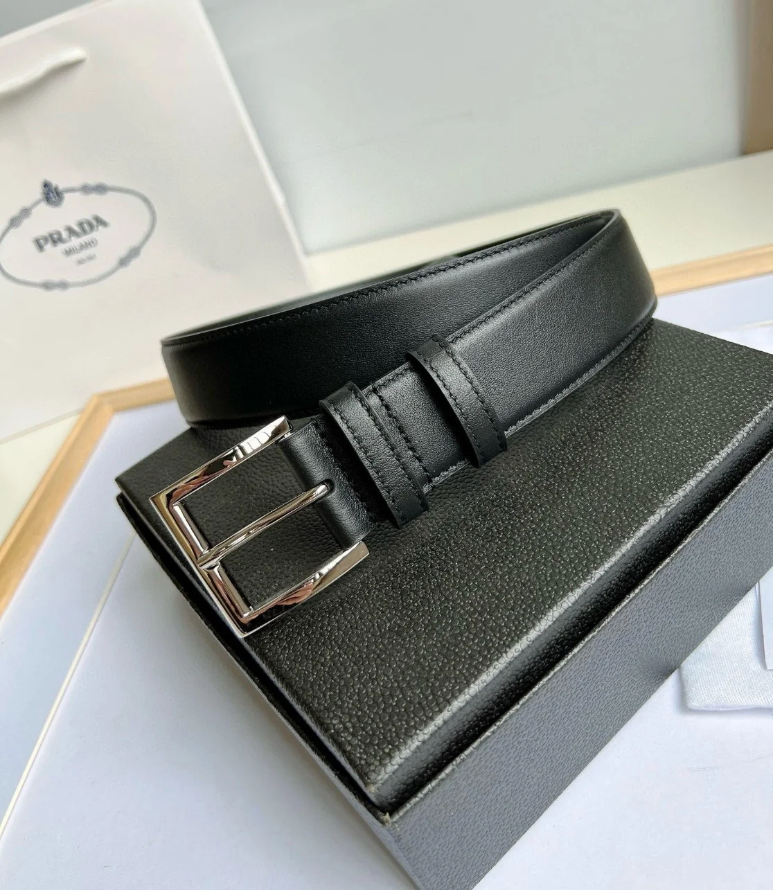 Prada 35MM Belt in Black Smooth Calfskin product view 2