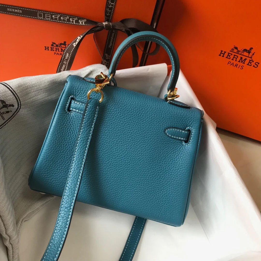 Hermes Kelly 20cm Bag In Blue Jean Clemence Leather GHW product view 7