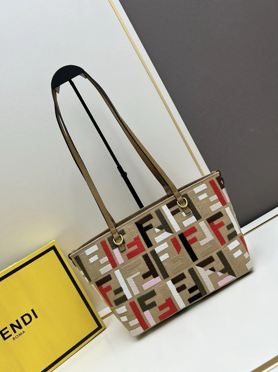 Fendi Small Roll Tote in Canvas with Multicolor FF Embroidery product view 9