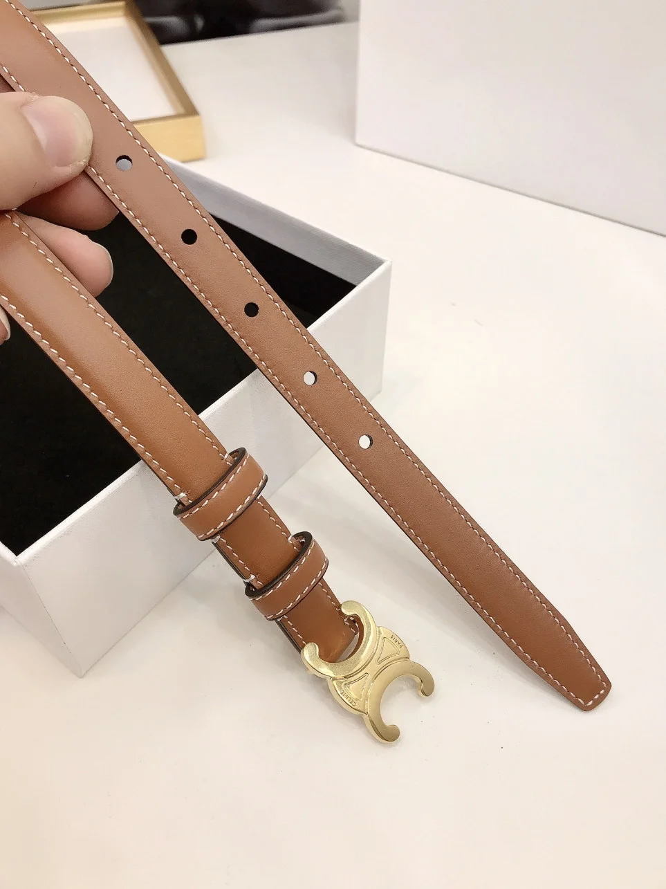Celine Small Triomphe Belt 18MM in Brown Calfskin product view 2