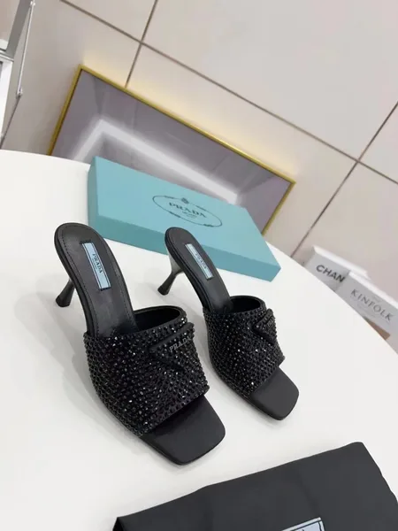 Prada Black Satin Heeled Sandals with Crystals product view 2