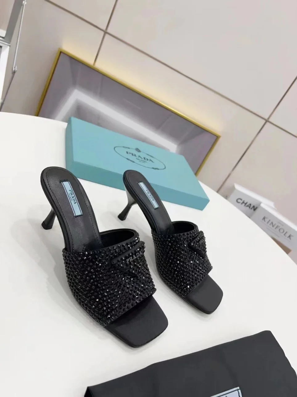 Prada Black Satin Heeled Sandals with Crystals product view 2