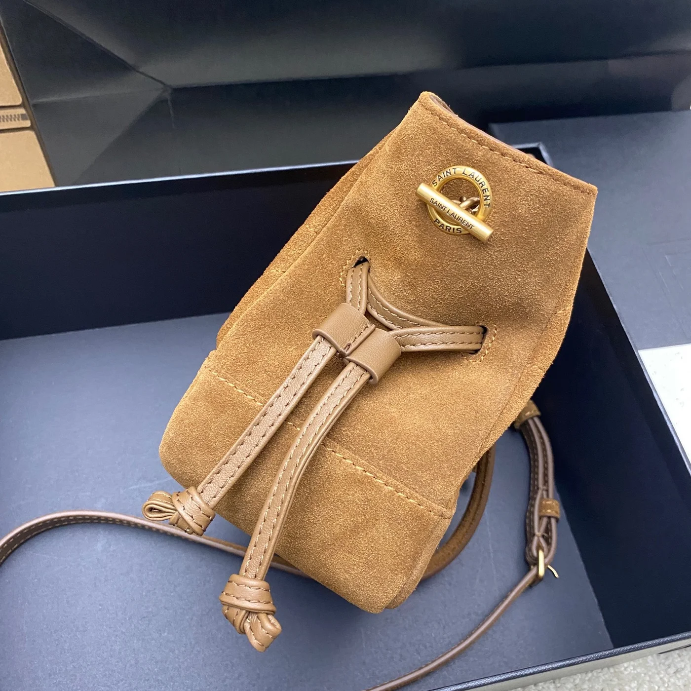 Saint Laurent Jamie Mini Shoulder Pouch — Tan Brown Suede product view 3