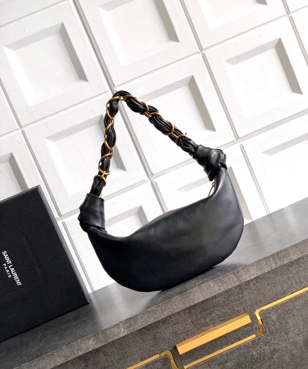 Saint Laurent Amalia Mini Hobo Bag in Black Lambskin product view 4