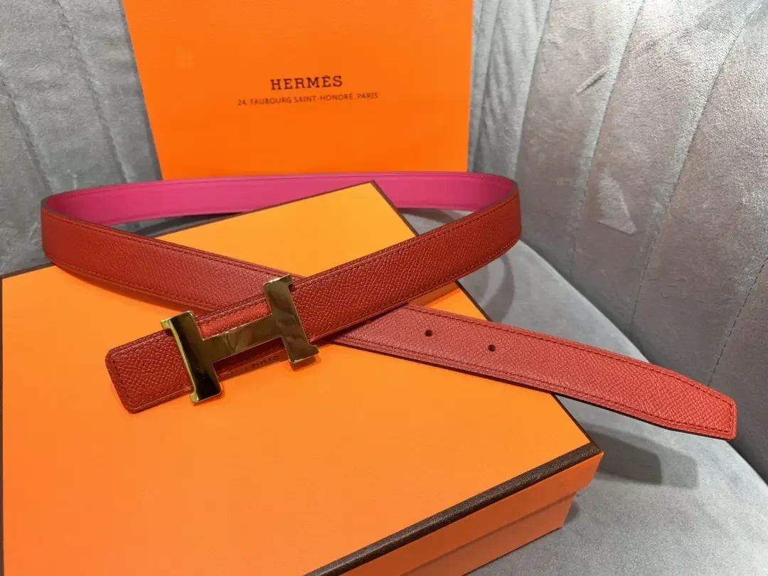 Hermès Red/Bright Pink Reversible Belt with Gold-Tone Wide H Buckle product view 1