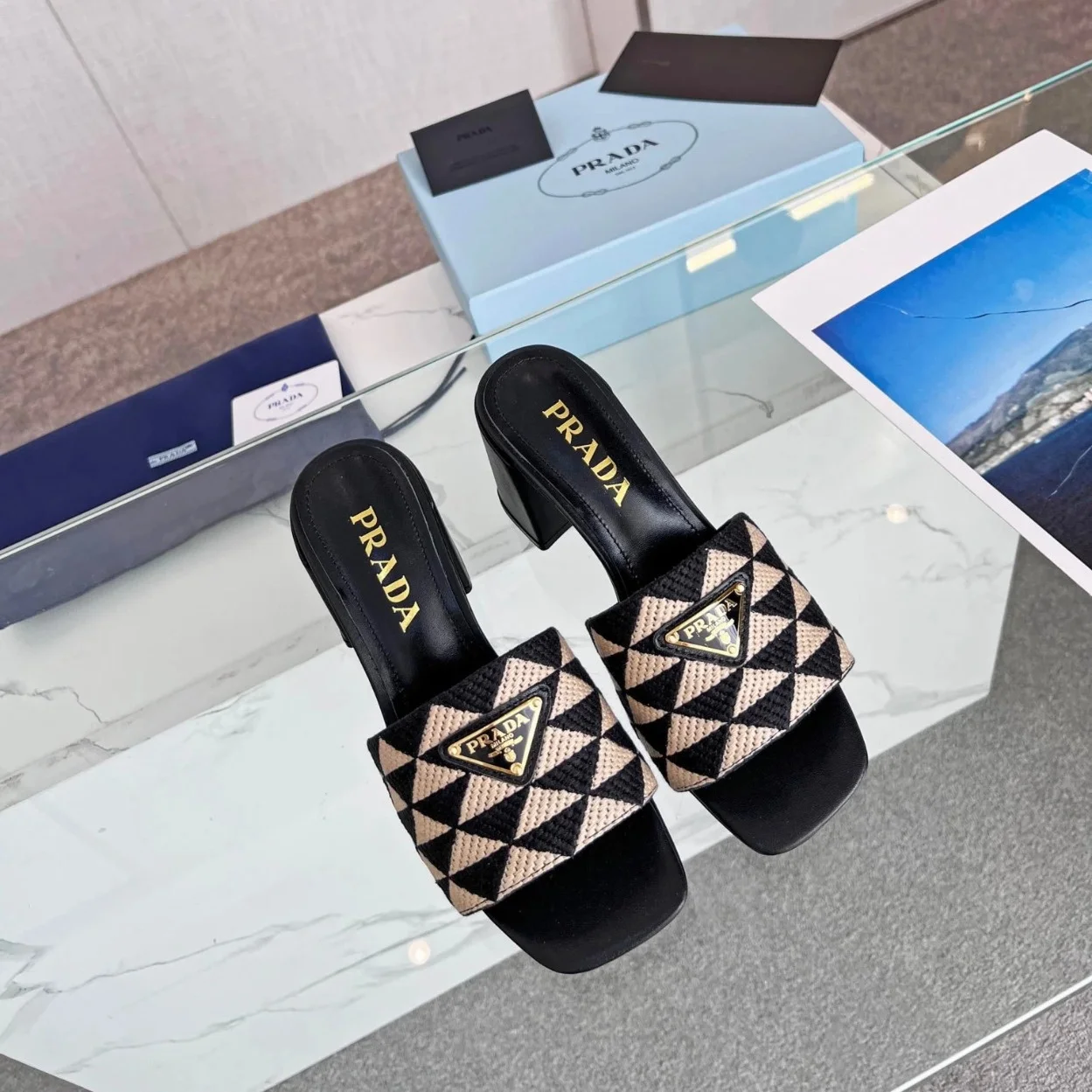Prada Heeled Slide Sandals 65mm in Black and Beige Fabric product view 4