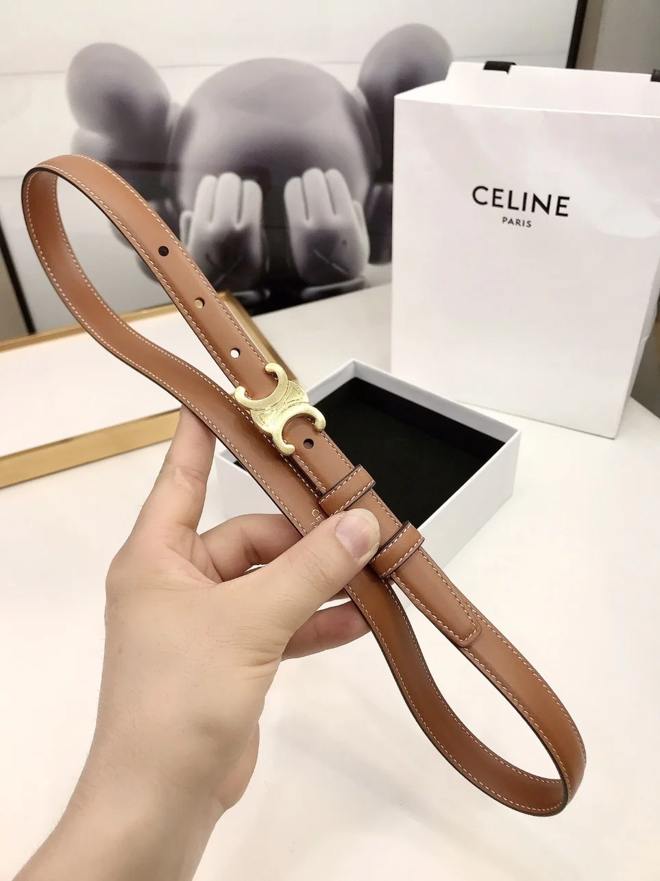 Celine Small Triomphe Belt 18MM in Brown Calfskin product view 9