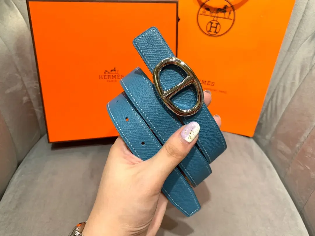 Hermès Blue/Taupe Reversible Belt with Silver-Tone Oval Buckle product view 6