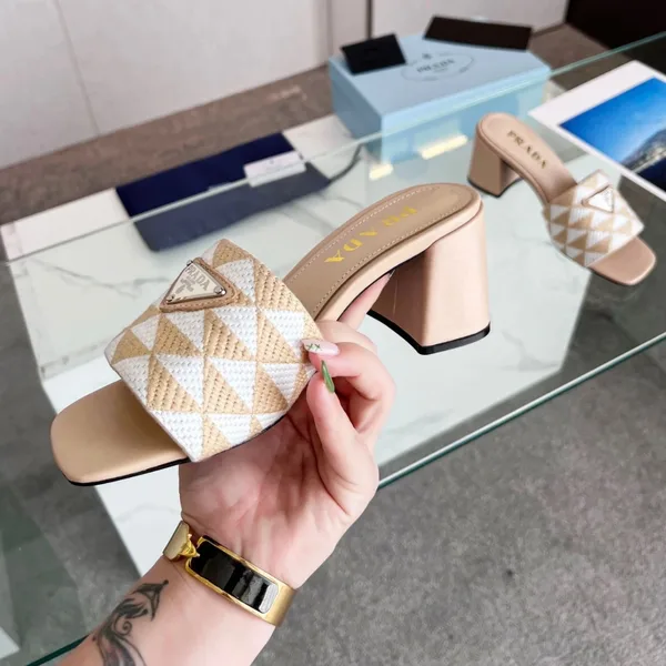 Prada Heeled Slide Sandals 65mm in Beige and White Fabric product view 9