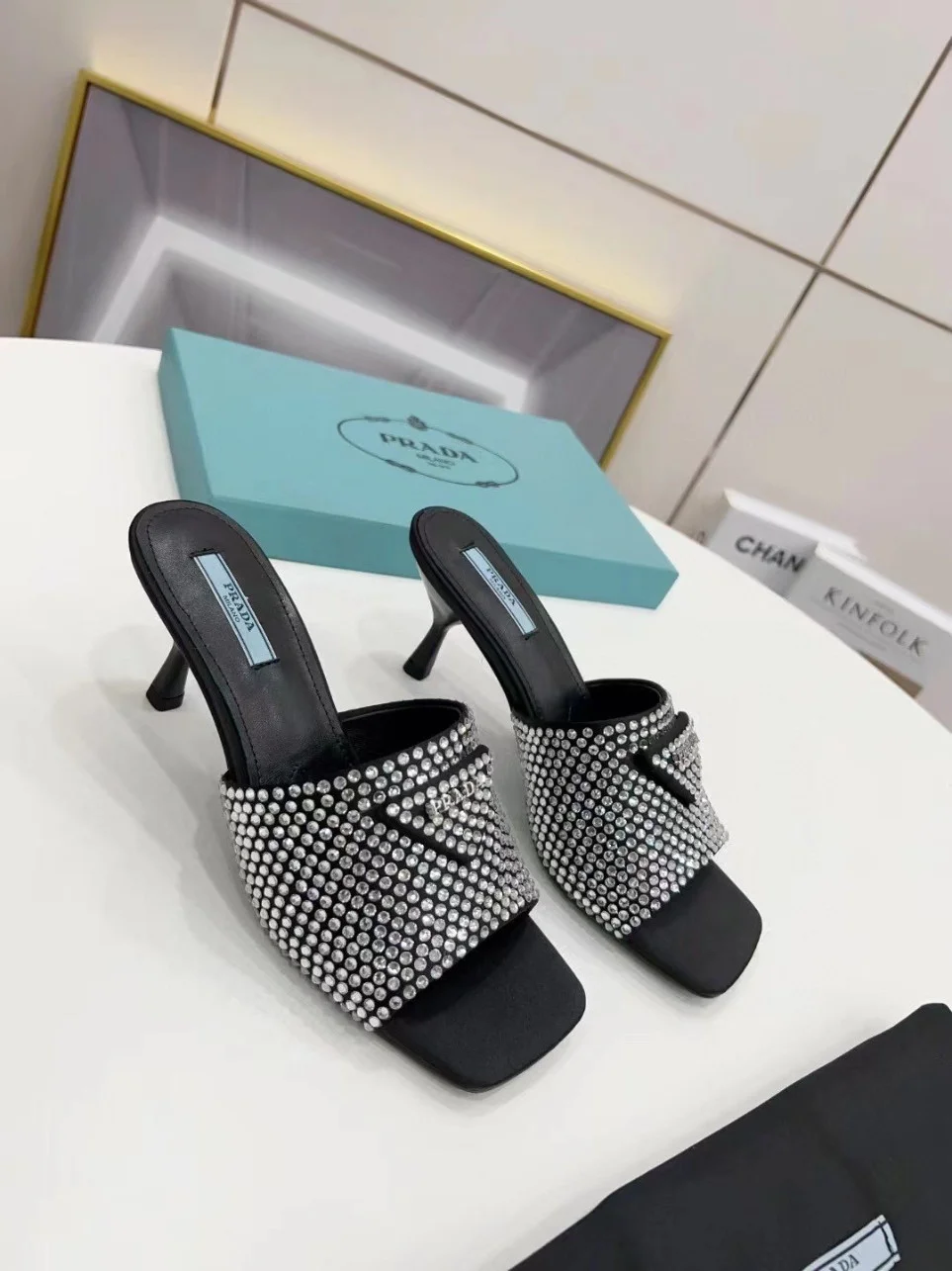 Prada Black Satin Heeled Sandals with White Crystals product view 2