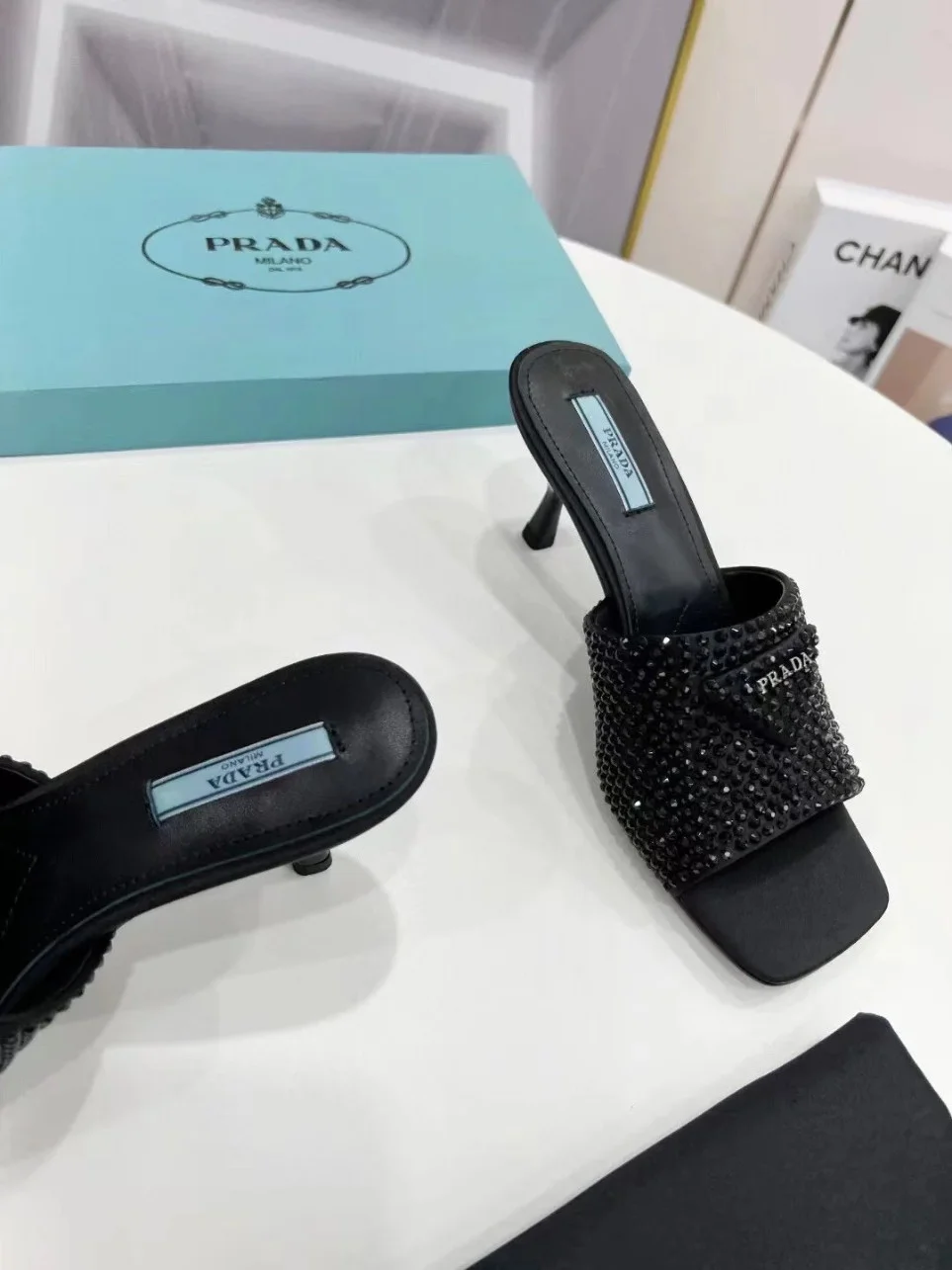 Prada Black Satin Heeled Sandals with Crystals product view 7