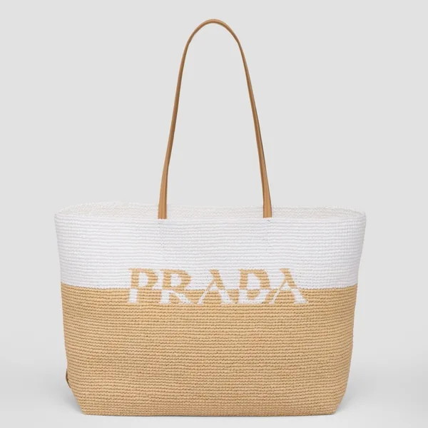 Prada Crochet Large Tote Bag in Beige/White Raffia-effect Yarn product photo