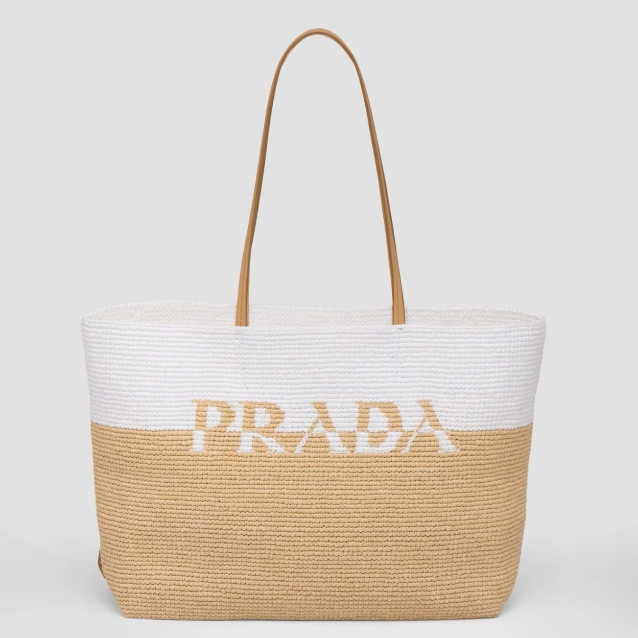 Prada Crochet Large Tote Bag in Beige/White Raffia-effect Yarn product view 1