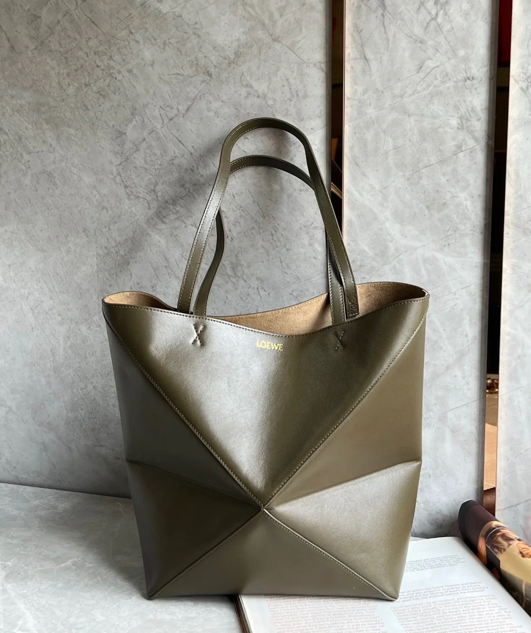 Loewe Large Puzzle Fold Tote Bag in Dark Green Calfskin product view 4