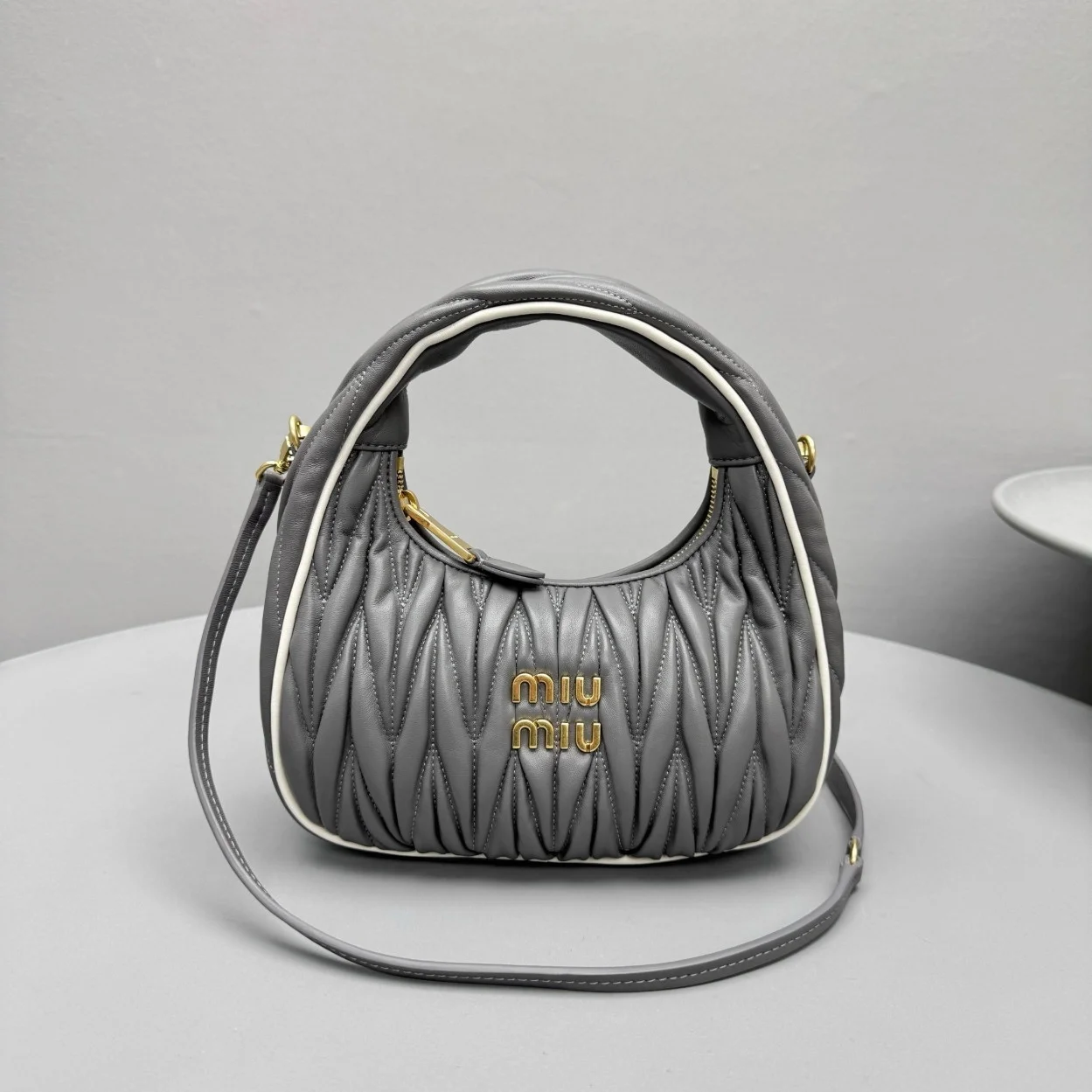 Miu Miu Wander Hobo Bag in Grey Matelasse Nappa Leather product view 9