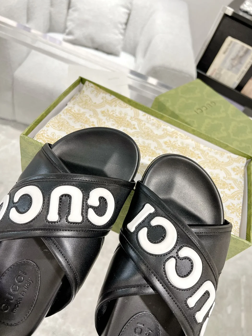 Gucci Cross-Strap Slide Sandals — Black with White Logo product view 5