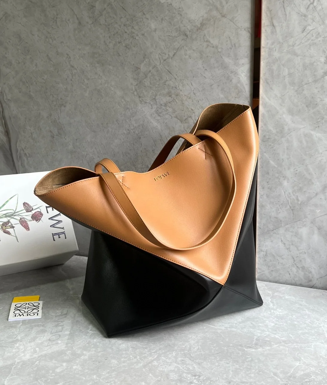 Loewe Large Puzzle Fold Tote Bag in Tan and Black Calfskin product view 7