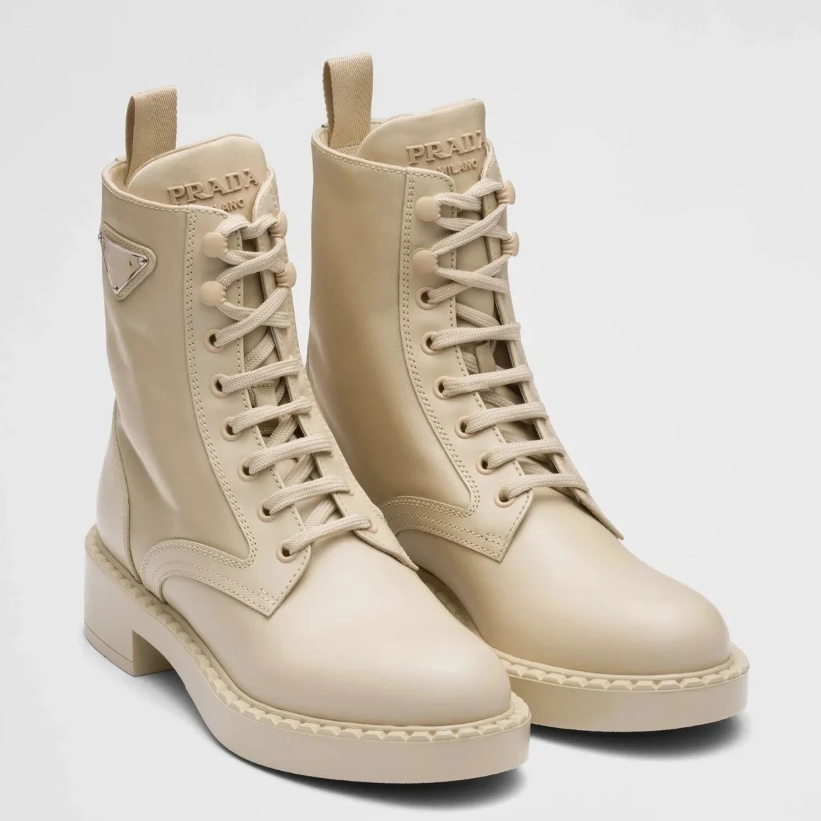 Prada Ankle Boots in Beige Brushed Leather and Re-Nylon product view 1