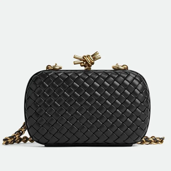 Bottega Veneta Knot Clutch with Chain in Black Intrecciato Lambskin product photo