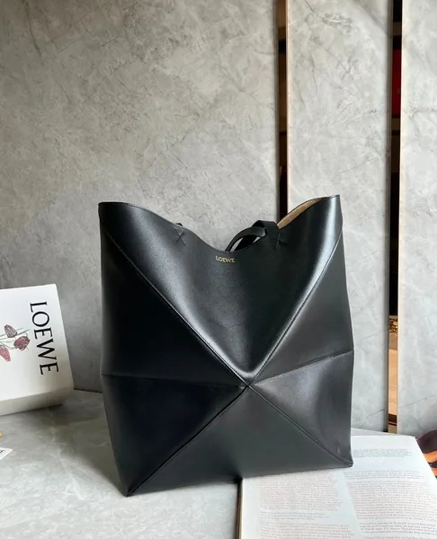 Loewe Large Puzzle Fold Tote Bag in Black Calfskin product view 9